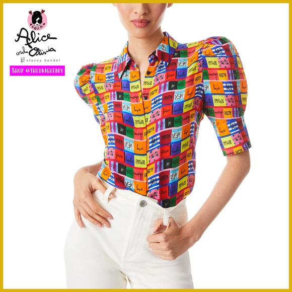 Alice + Olivia Willa Multicolored Love Patch Puff Sleeve Placket Top Blouse - Picture 1 of 16